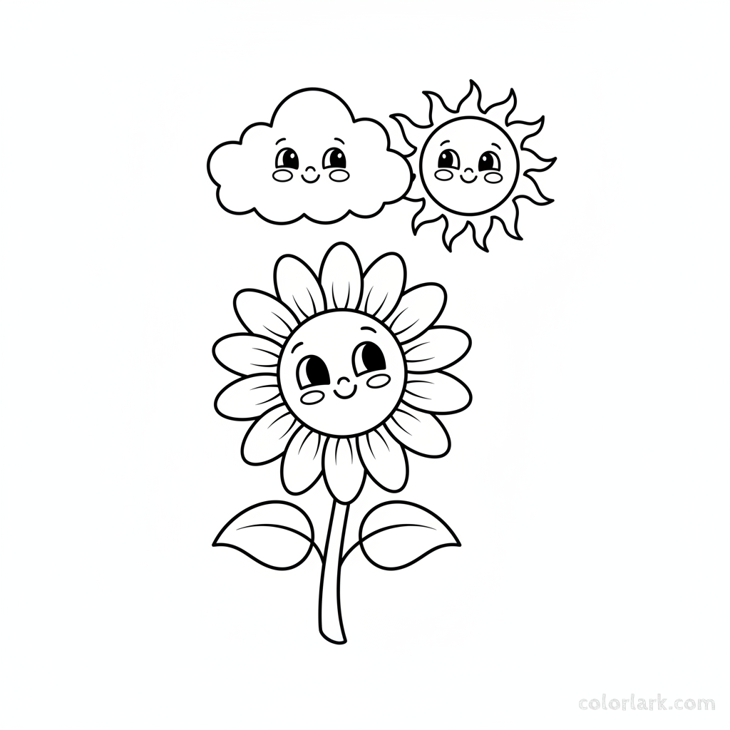 Black and white line art of a sunflower looking at a happy cloud and sun