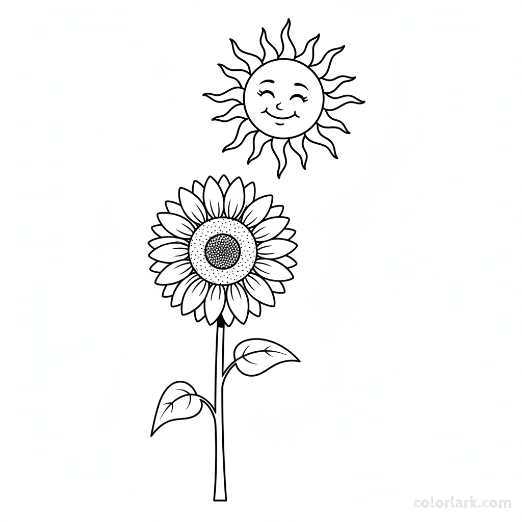 Black and white line art of a sunflower looking up at a smiling sun character