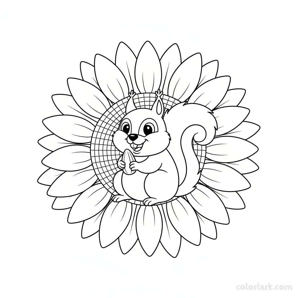 Black and white line art of a cartoon squirrel eating seeds from a sunflower