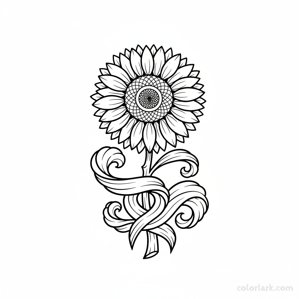 Black and white line art of a sunflower with artistically curled or abstract leaves