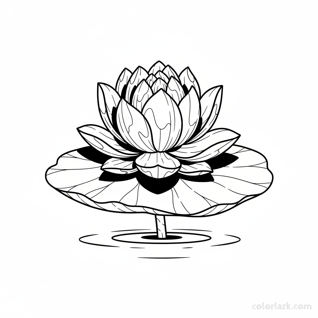 Black and white line art of a lotus flower in sunlight with distinct shadow play.
