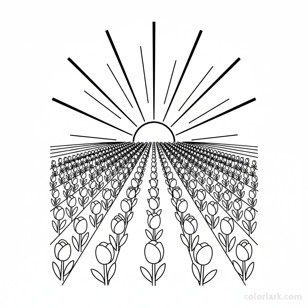 Line art illustration of a sunrise over a vast tulip field