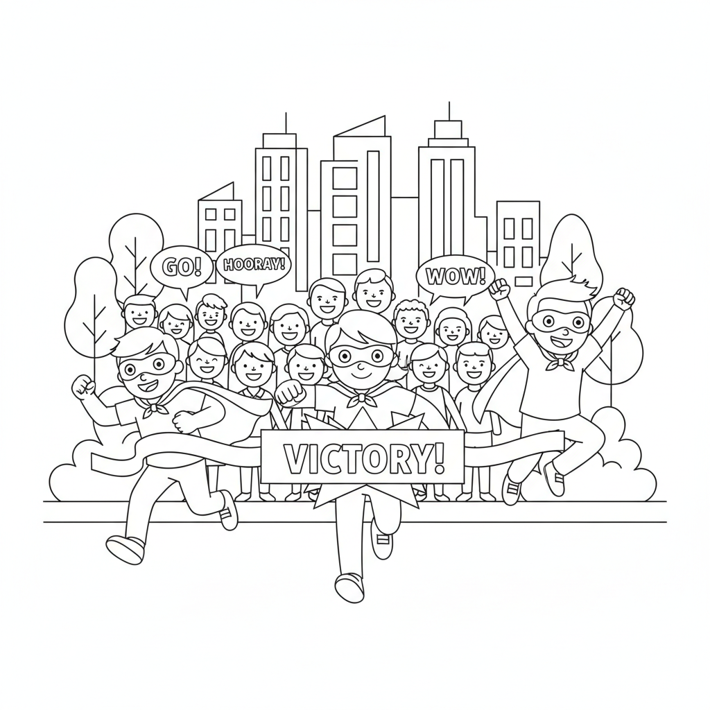 Line art of kids in superhero capes sprinting to a finish line with a 'Victory!' emblem, cheered by fans