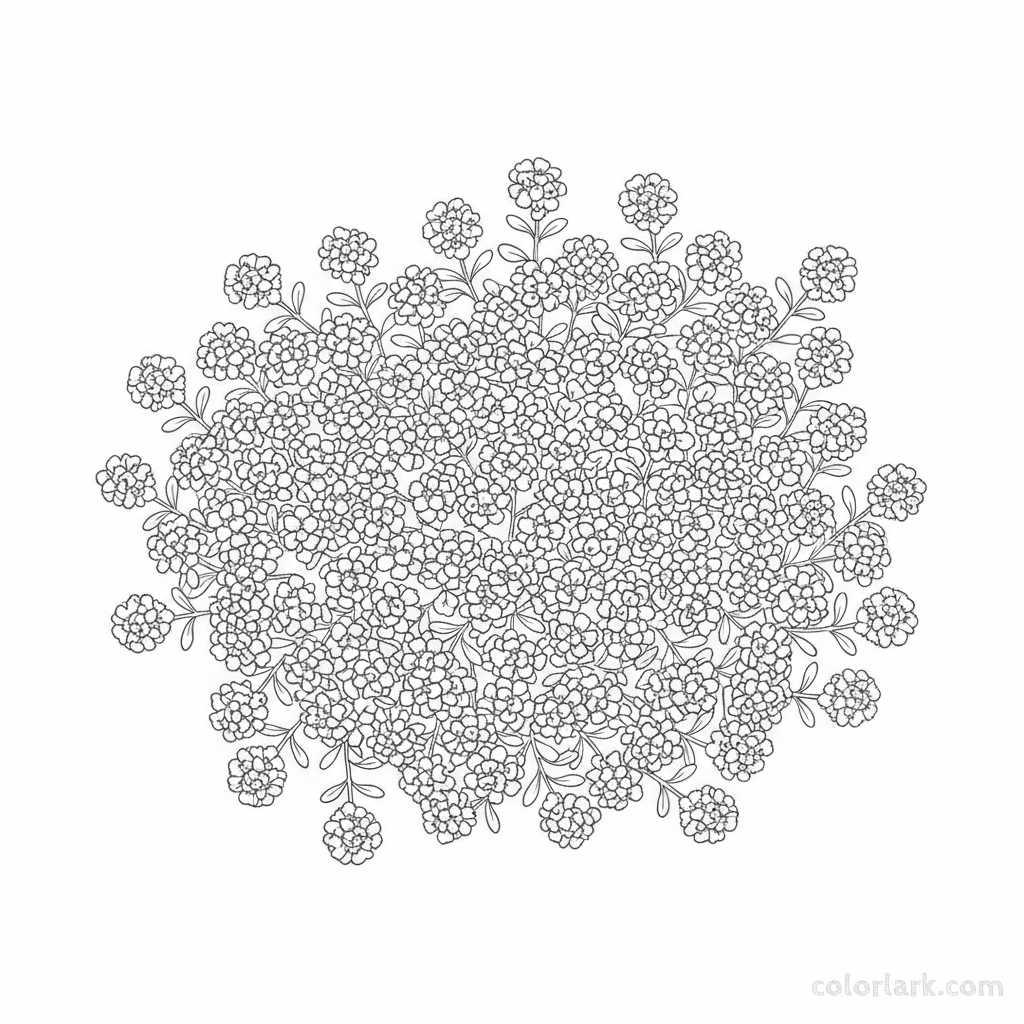 Black and white line art of a dense patch of tiny sweet alyssum flowers forming a low-lying groundcover with minimal leaves.