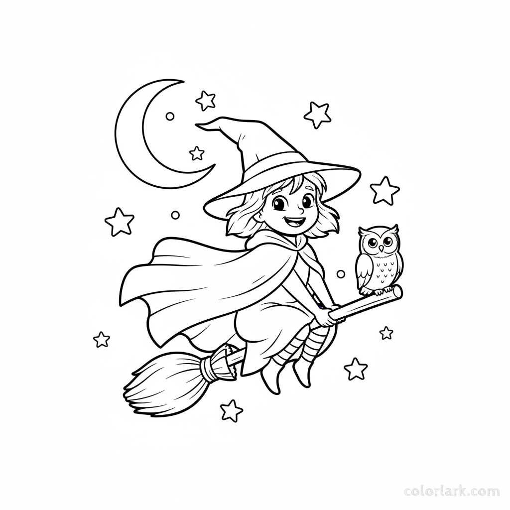 Black and white line art of a sweet little witch flying on a broomstick with her owl companion, cute Halloween coloring page.