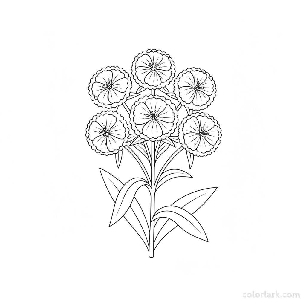 Black and white line art of a simple cluster of Sweet William flowers with patterned centers and ruffled edges, on stout stems with broad leaves.