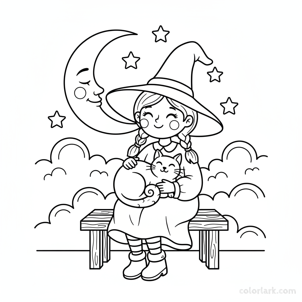 Black and white line art of a sweet cartoon witch petting a black cat under a crescent moon, Halloween coloring page.
