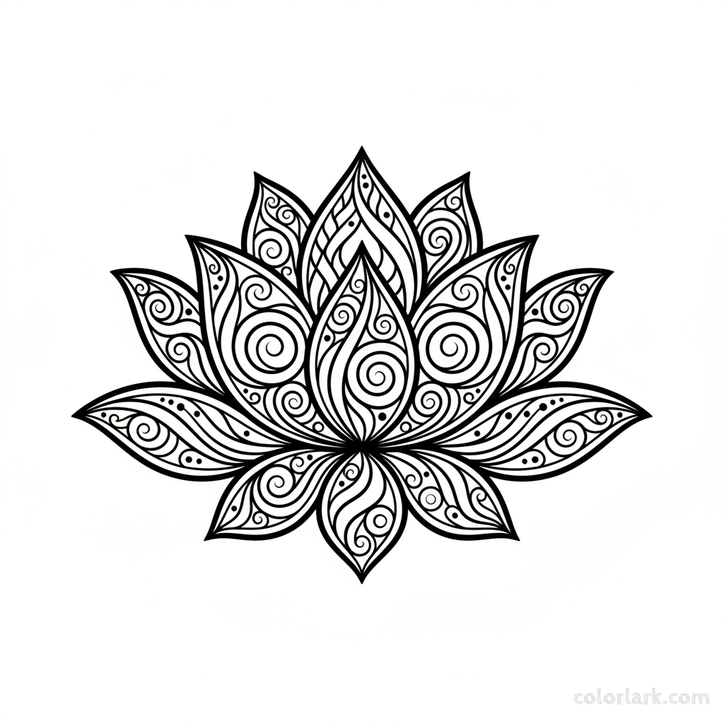 Black and white Zentangle art of a lotus flower made of swirling lines and organic patterns.