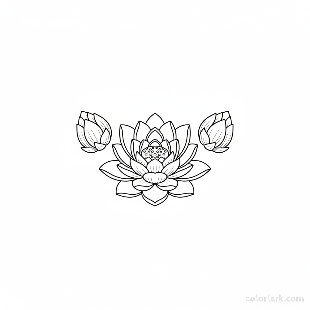 Black and white line art of a symmetrical arrangement of three lotus flowers.
