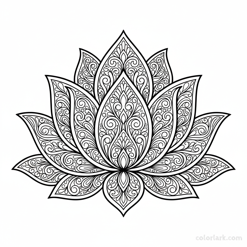Black and white line art of a symmetrical lotus design filled with paisley patterns.
