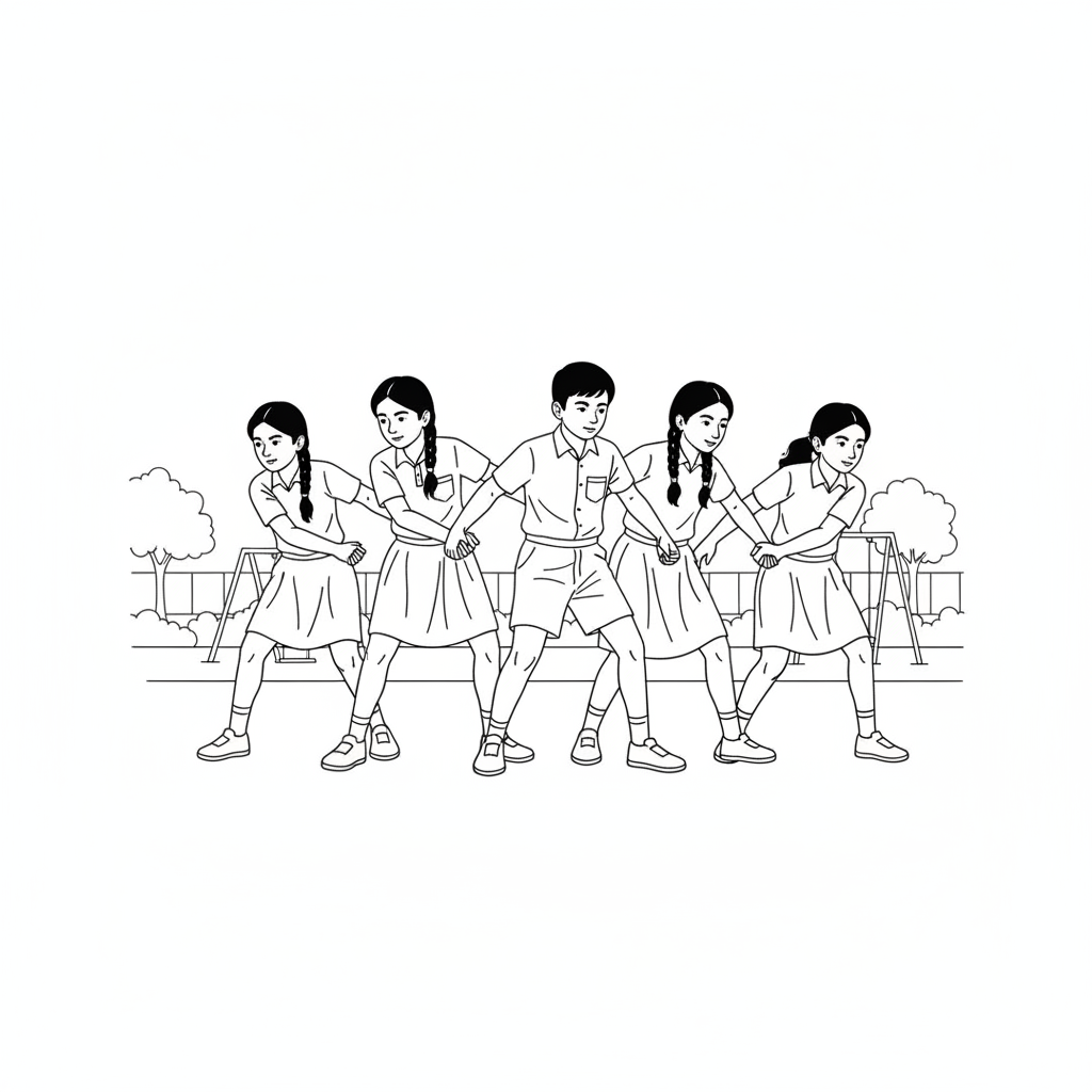 Black and white line art of Indian school kids forming a synchronized kabaddi defense chain, holding hands with coordinated stances.