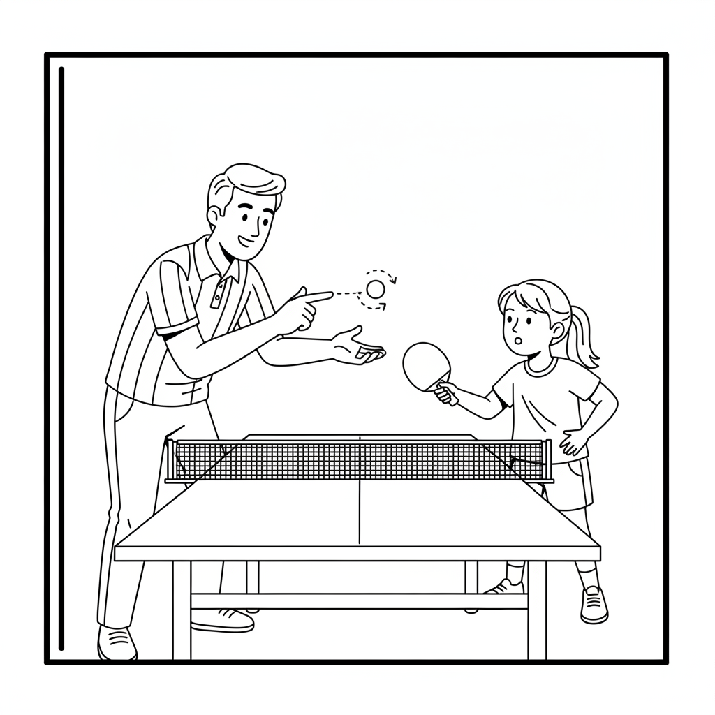 Black and white line art of a coach explaining spin serve contact point to a young girl at a table tennis table.