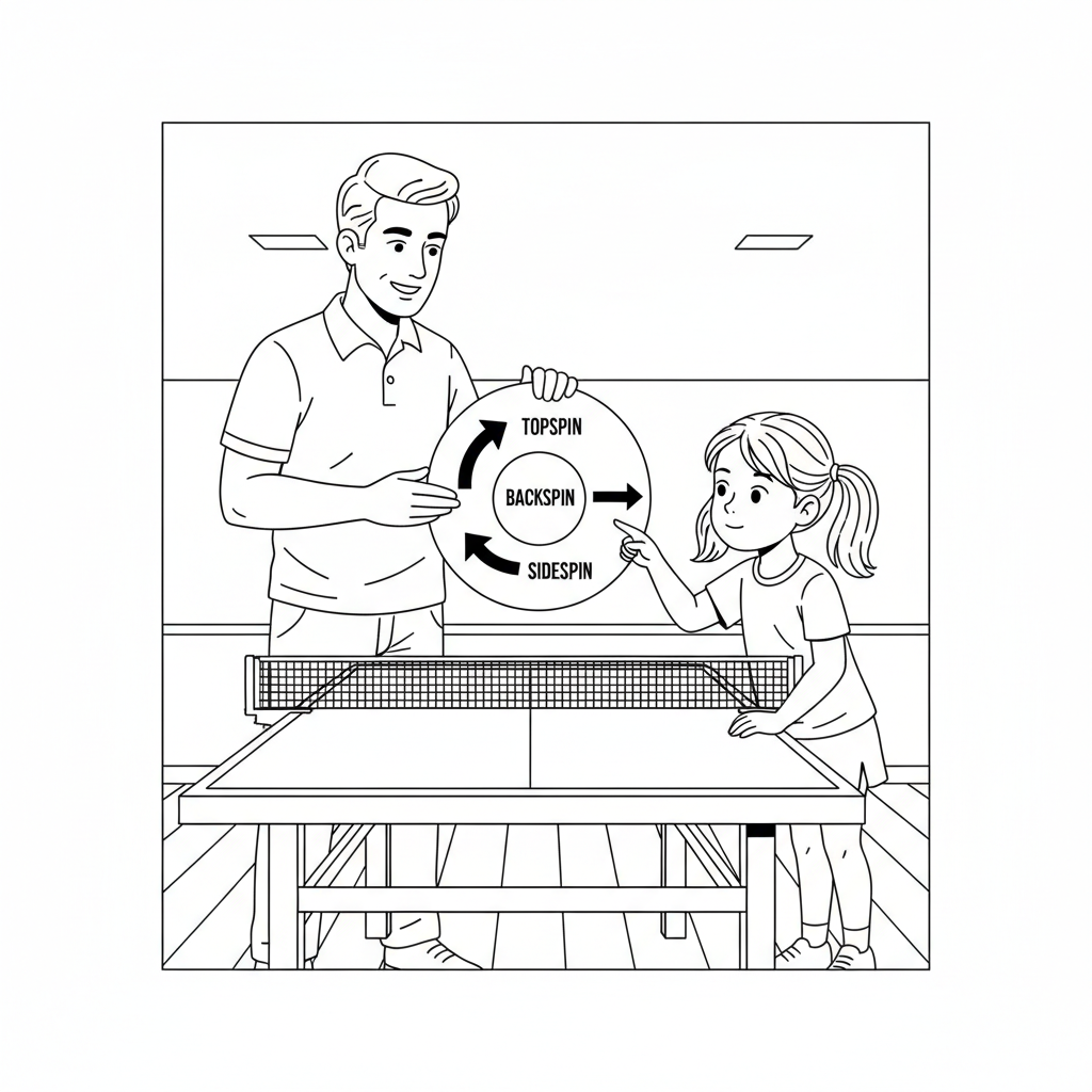 Black and white line art of a table tennis coach using a diagram to explain spin physics to a young girl.