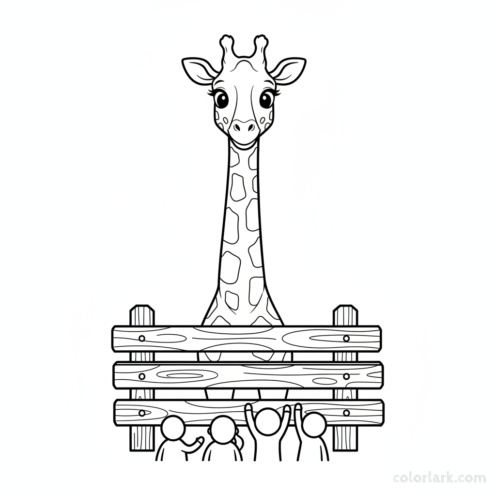 Line art of a tall giraffe looking over a simple wooden fence at visitors in a friendly manner at the zoo.
