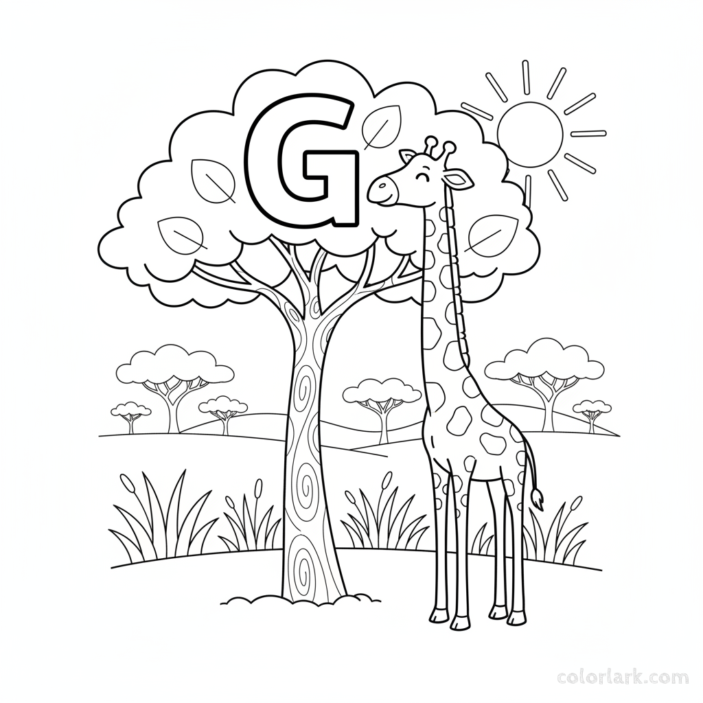 Black and white line art of a tall giraffe reaching for the letter G in a tree.