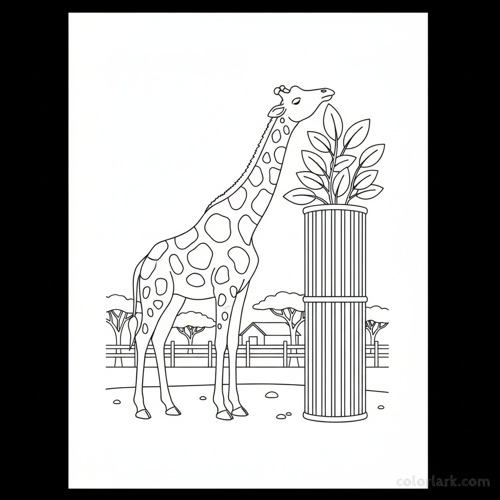 Line art of a tall giraffe stretching its long neck to reach leaves from a tall enrichment feeder in a zoo.