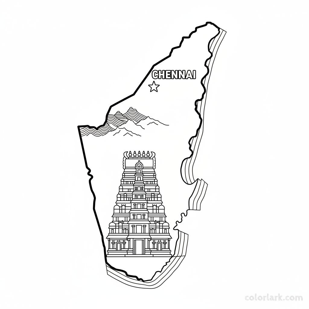 Line art coloring map of Tamil Nadu state, featuring the Meenakshi Temple, Chennai, and its extensive coastline.
