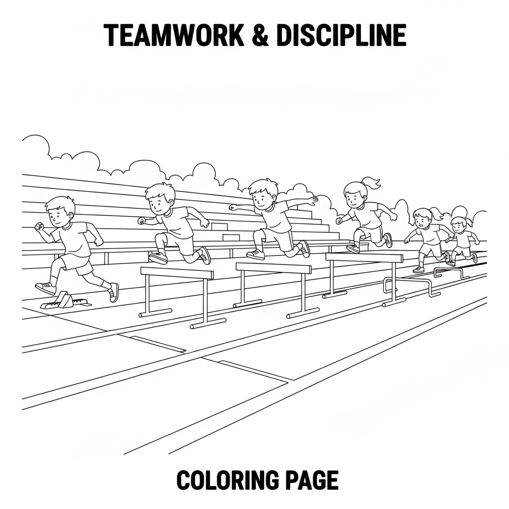 Black and white line art of a team of five kids running hurdle drills on a practice track.
