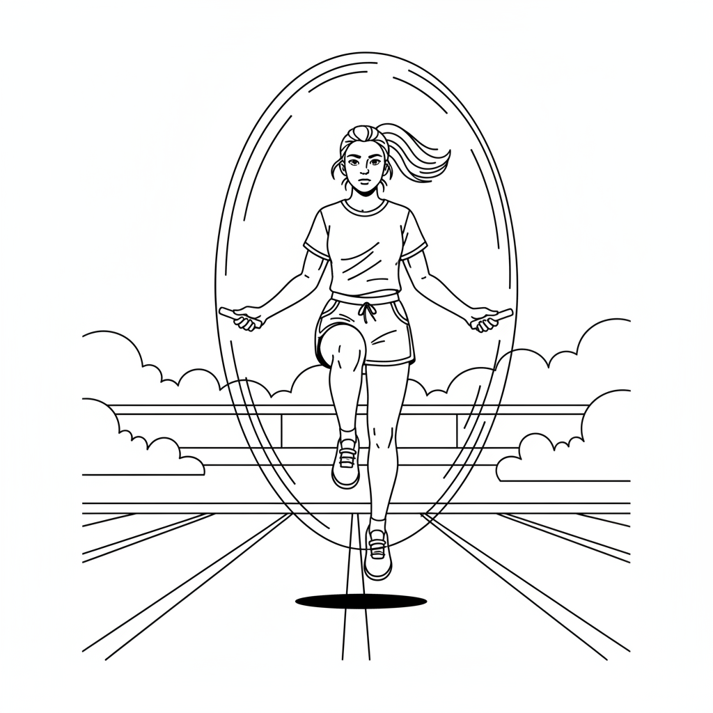 Line art of a teen girl vigorously skipping rope for outdoor fitness