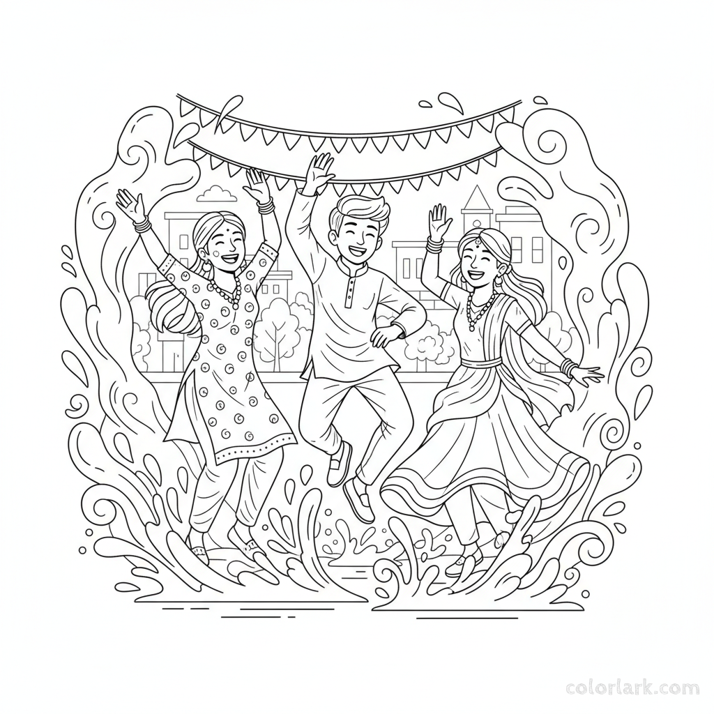 Teenagers dancing with Holi colors, free printable coloring page