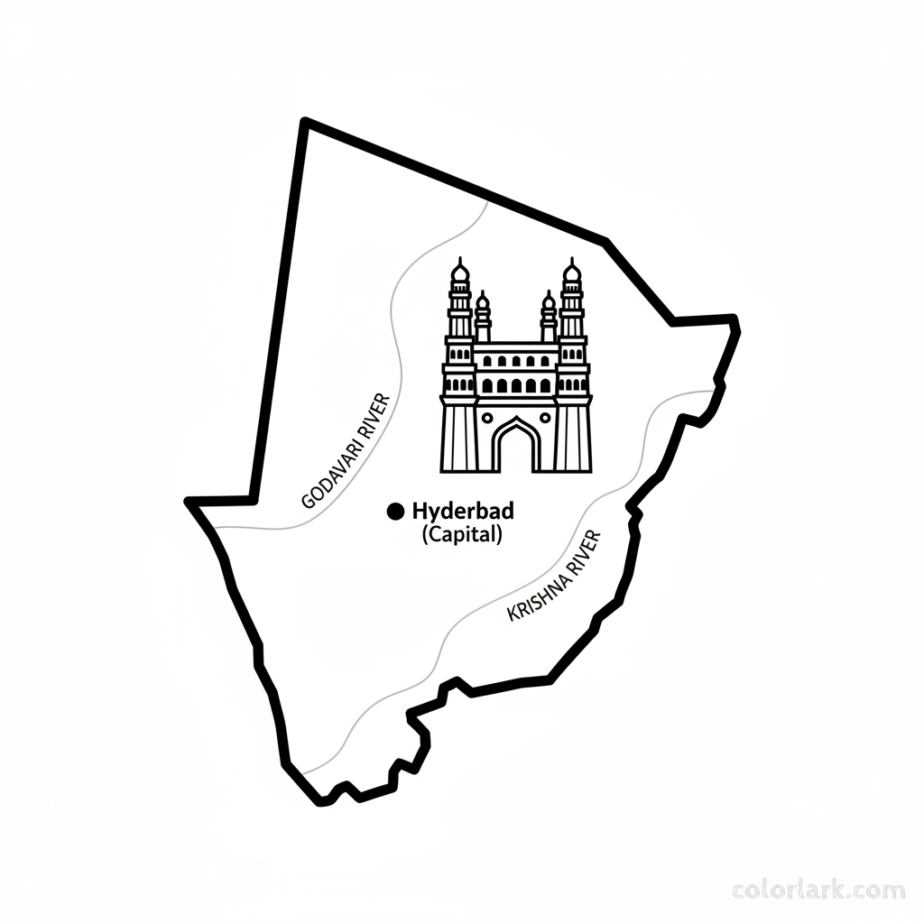 Line art coloring map of Telangana state, featuring the Charminar landmark and the capital city of Hyderabad.