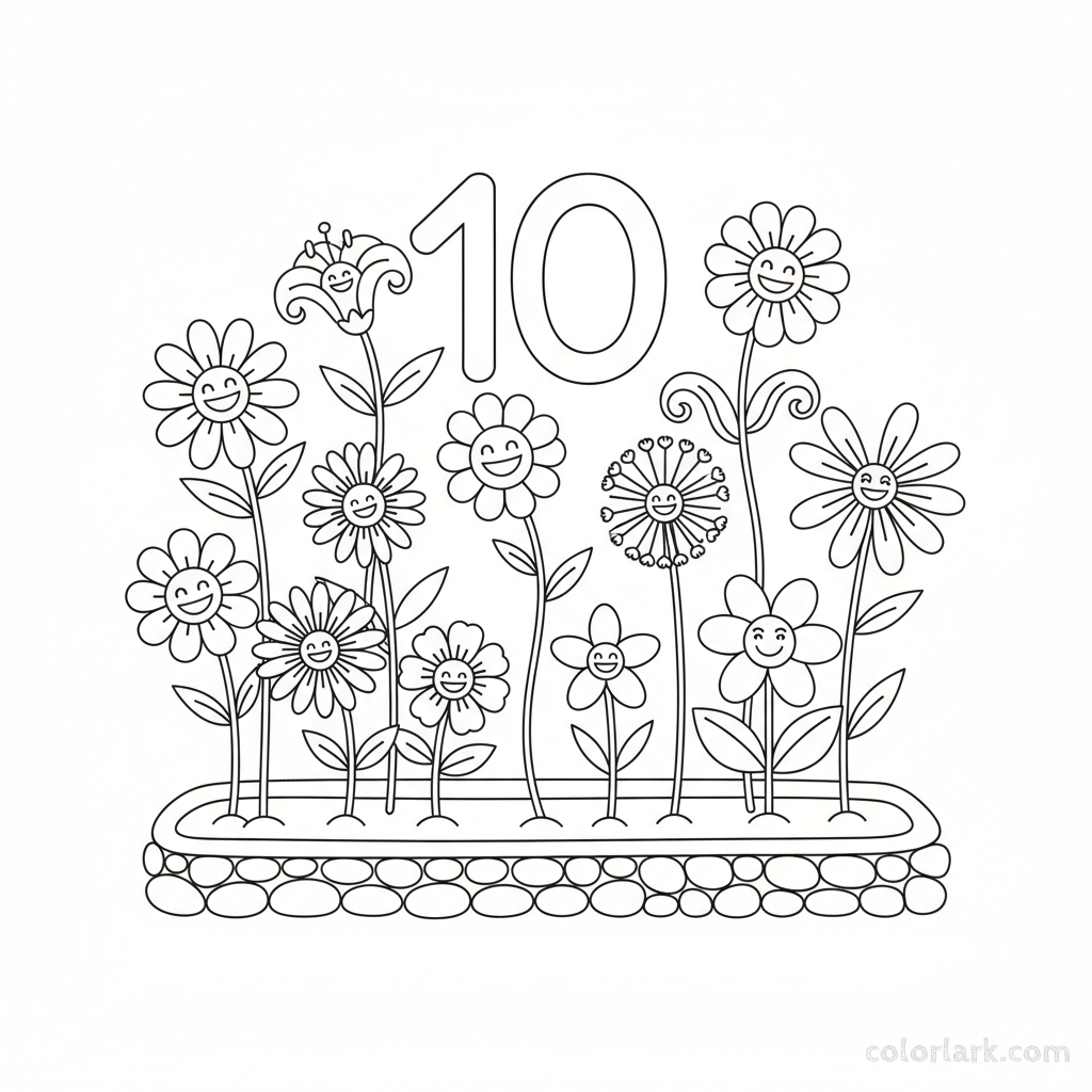 Black and white line art coloring page with ten flowers in a garden scene and the number 10.