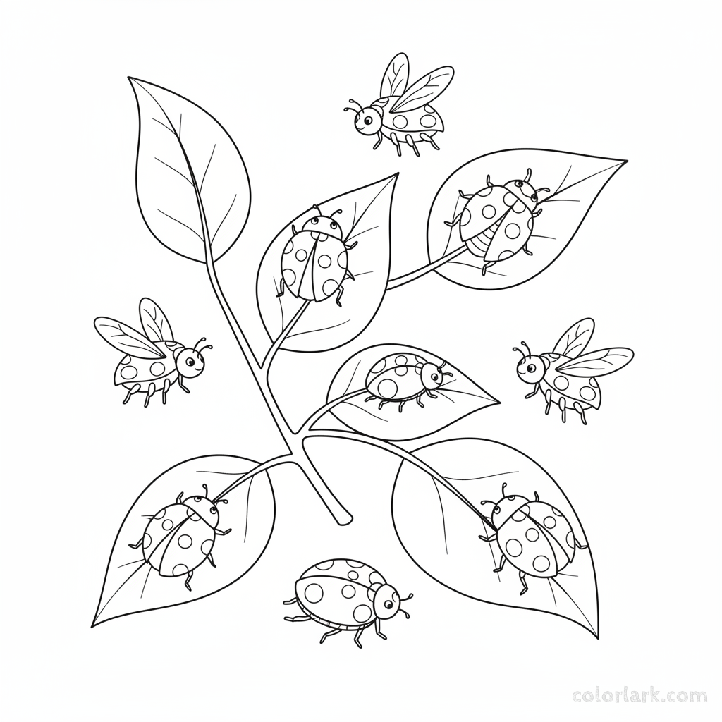 A black-and-white line art illustration showing ten busy red ladybugs in a garden, for learning to count the number 10.