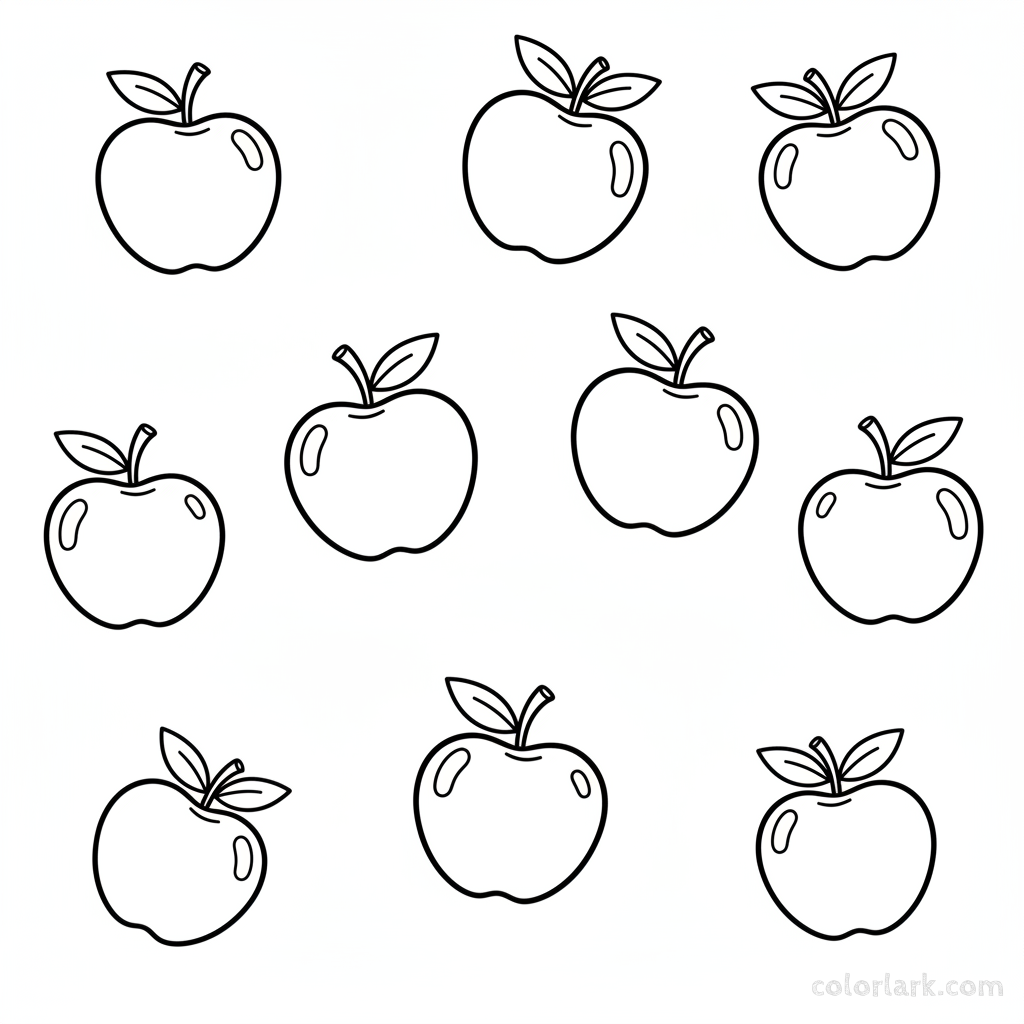A black-and-white line art illustration showing ten little red apples, ideal for a number 10 counting and coloring activity.