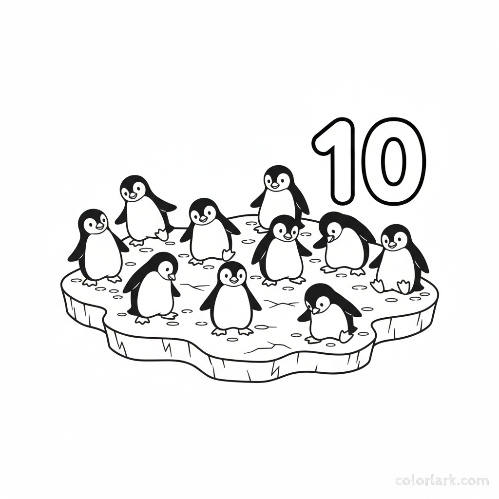 Black and white line art coloring page showing ten penguins with the number 10.