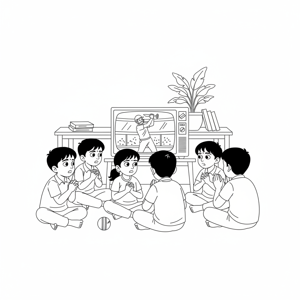 Black and white line art of Indian children with tense, focused expressions, leaning forward while watching a crucial moment of a cricket match on TV.