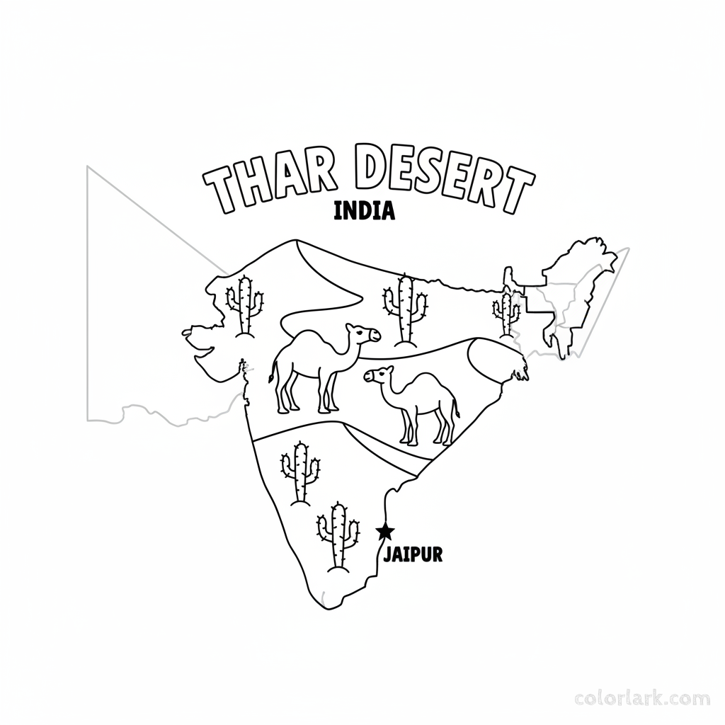 Line art coloring map of the Thar Desert region in Rajasthan, India, with subtle sand dunes and simple camel outlines.