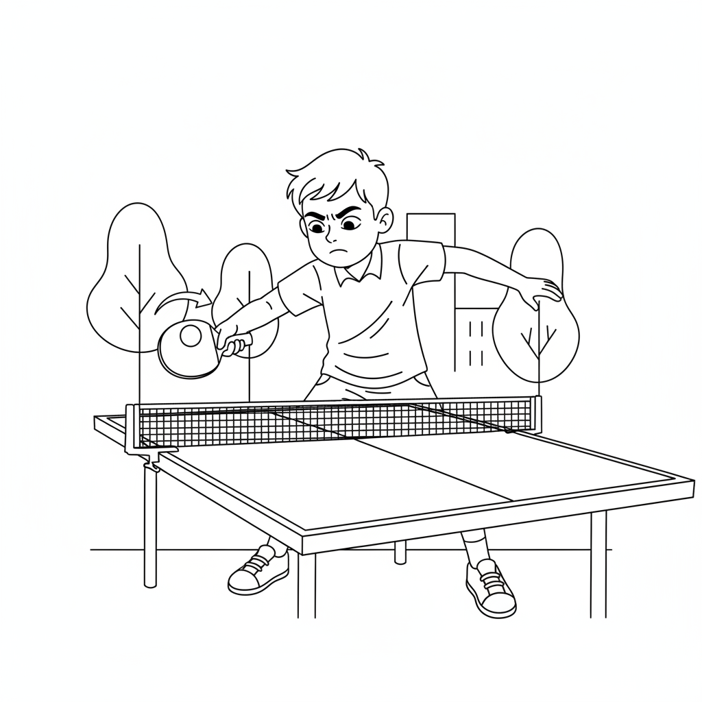 Line art of a thoughtful boy practicing backhand spin in table tennis.