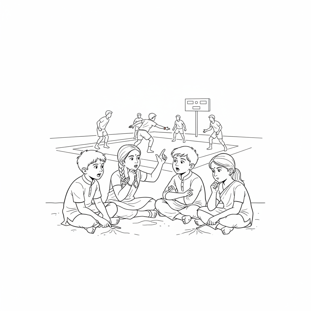 Line art of thoughtful Indian children huddled together, discussing the strategy of a Kabaddi National Game.