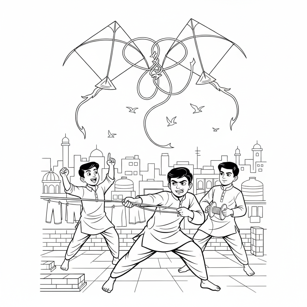 Line art of three Indian boys engaging in a fierce kite battle on an Indian city rooftop, for coloring.