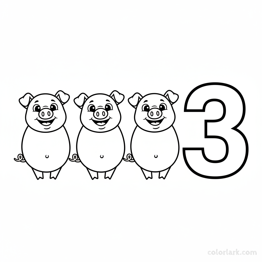 Black and white line art coloring page showing three little pigs with the number 3.