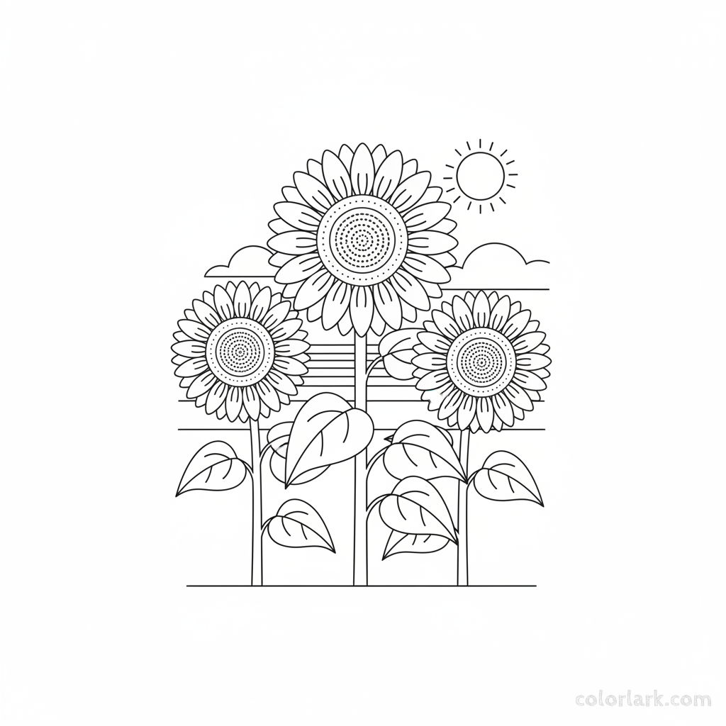 Black and white line art showing three sunflowers standing in a row, simple style