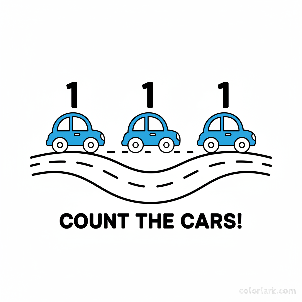 A black-and-white line art illustration showing three tiny blue cars on a road, for learning to count the number 3.