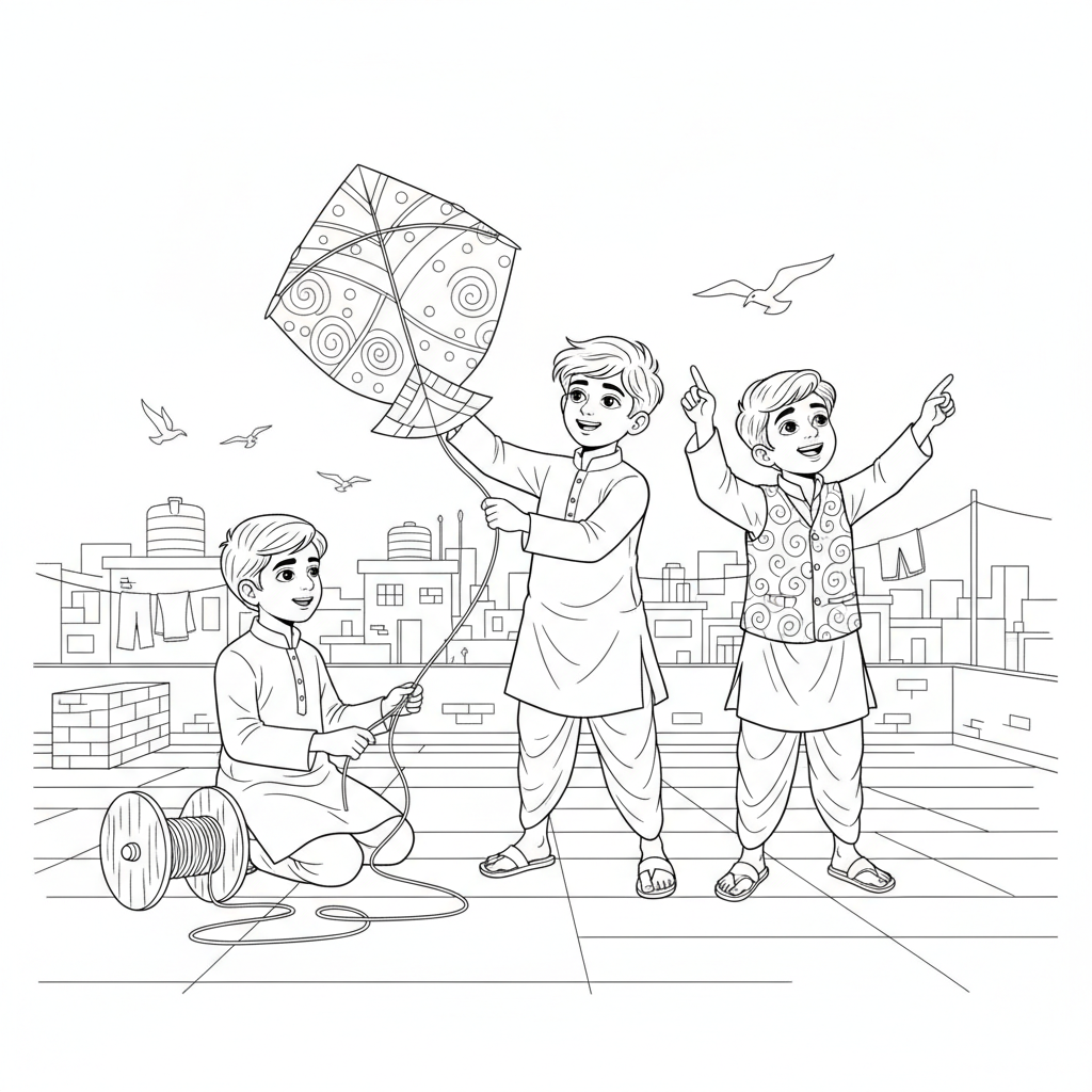 Line art of three young Indian boys launching kites from a traditional Indian city terrace for coloring.