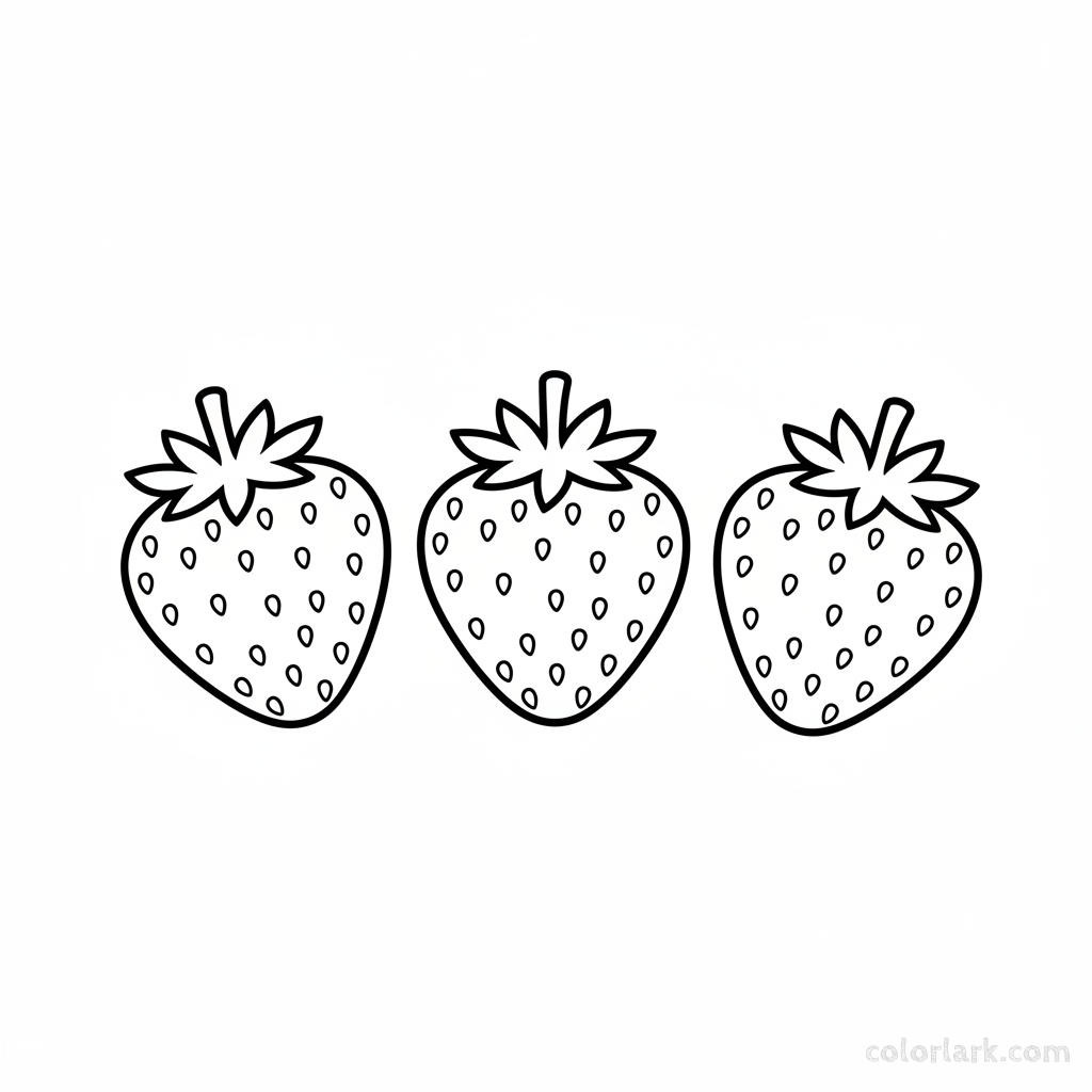 A black-and-white line art illustration showing three yummy red strawberries, ideal for a number 3 counting and coloring activity.