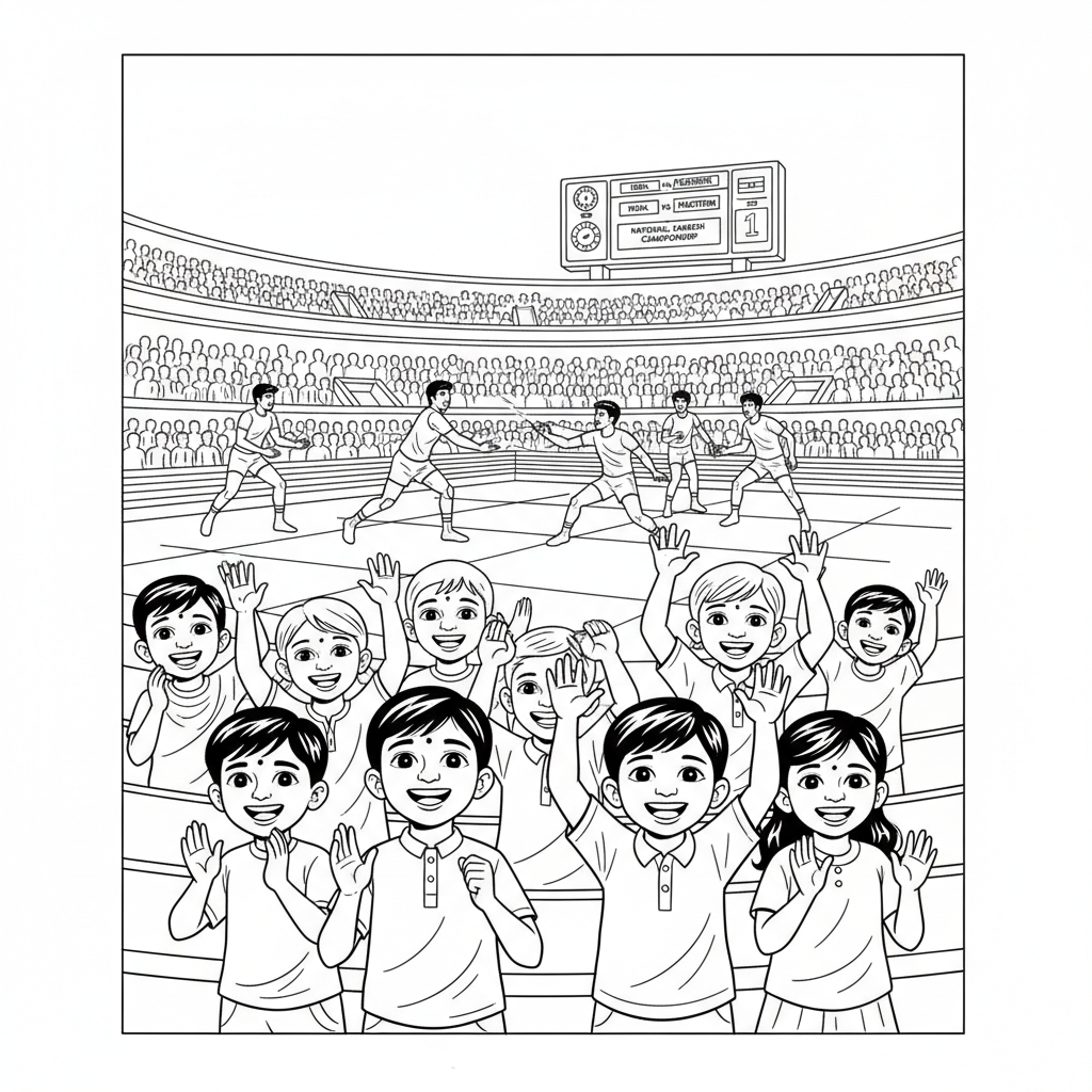 Line art of thrilled Indian children in stadium stands, watching a Kabaddi National Championship finale with great excitement.