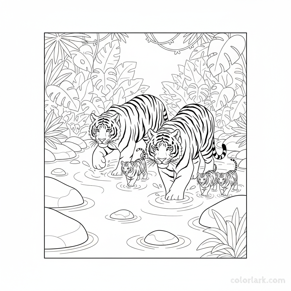 Black and white line art of a tiger family crossing a shallow riverbed in India