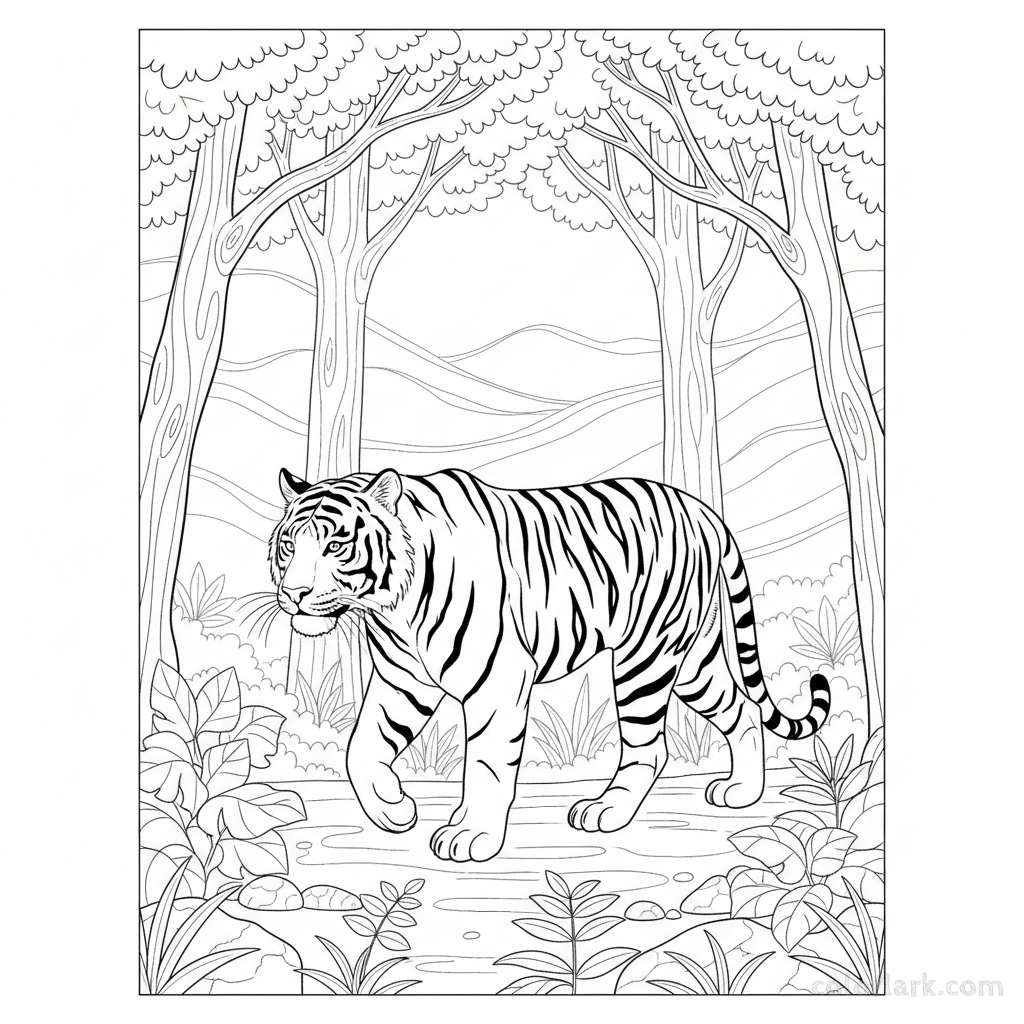 Black and white line art of a tiger walking through a misty morning jungle in India