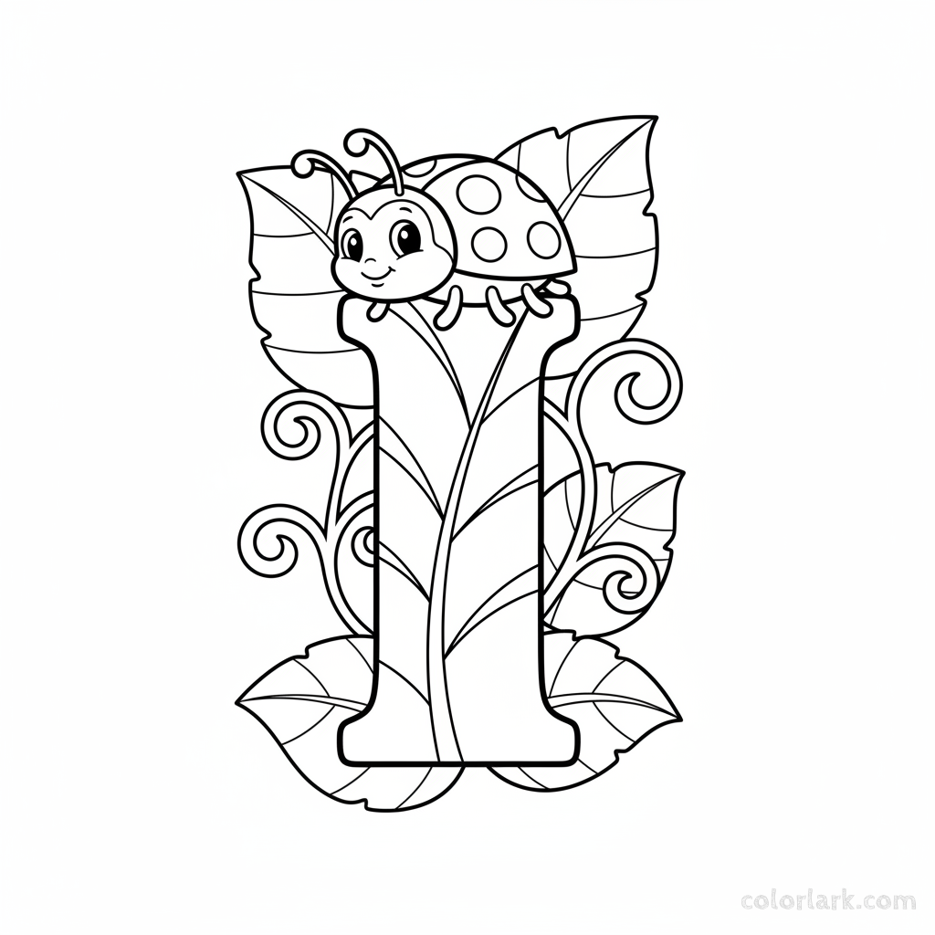 Black and white line art of a tiny insect crawling over the letter I.