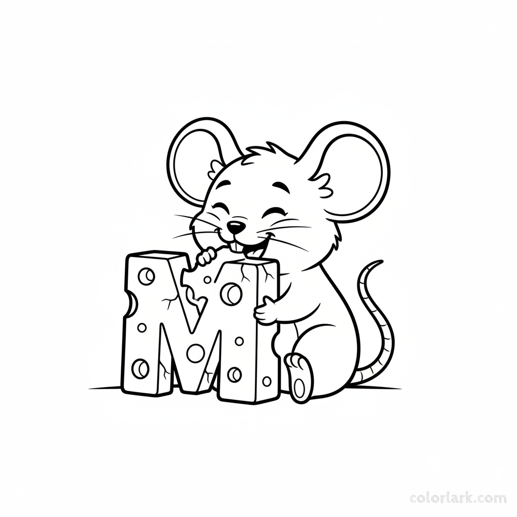 Black and white line art of a tiny mouse nibbling on a cheese shaped like the letter M.