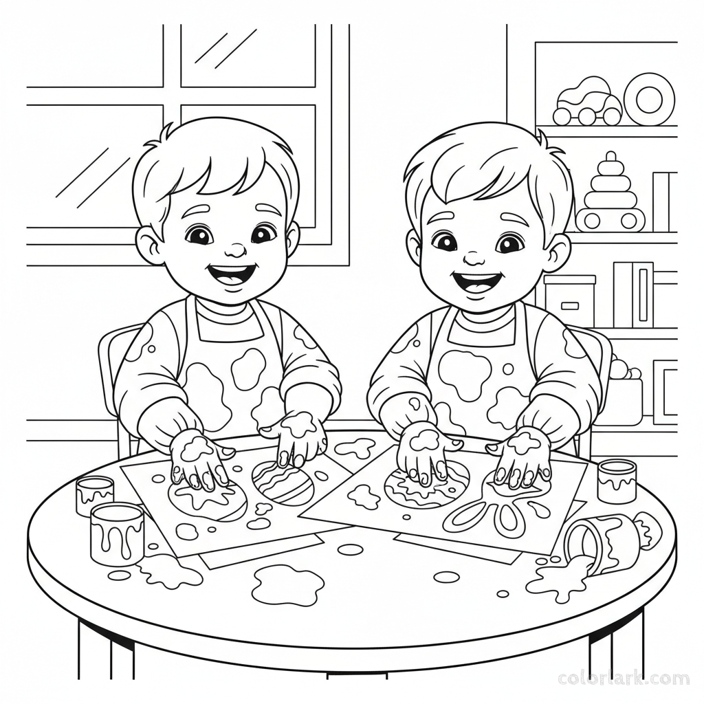 Black and white line art of two enthusiastic toddlers happily finger painting Easter designs on paper.