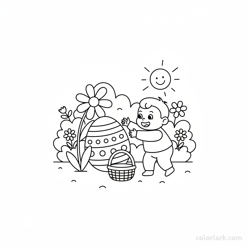 Black and white line art of a toddler excitedly reaching for an Easter egg in a garden.