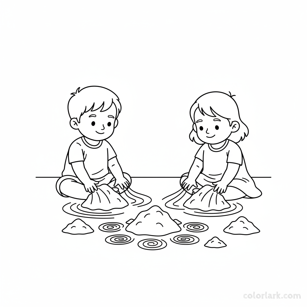 Toddlers gleefully playing with colorful chalk powder to create simple rangoli designs on the floor, line art