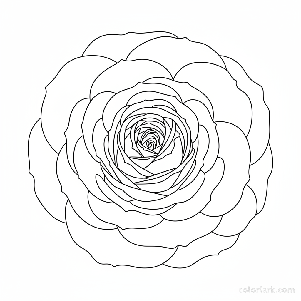 Black and white line art of a fully open rose from a top-down, aerial view, showing intricate petals