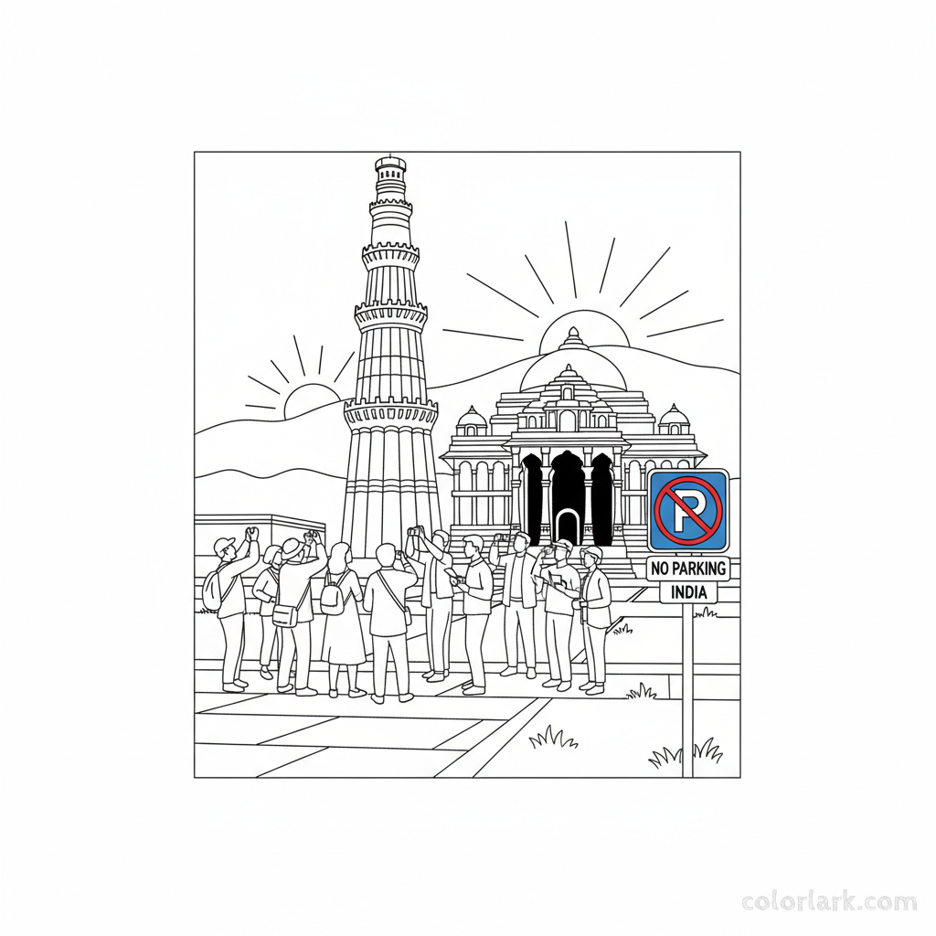 Black and white line art of tourists near an ancient Indian monument with a no parking sign.