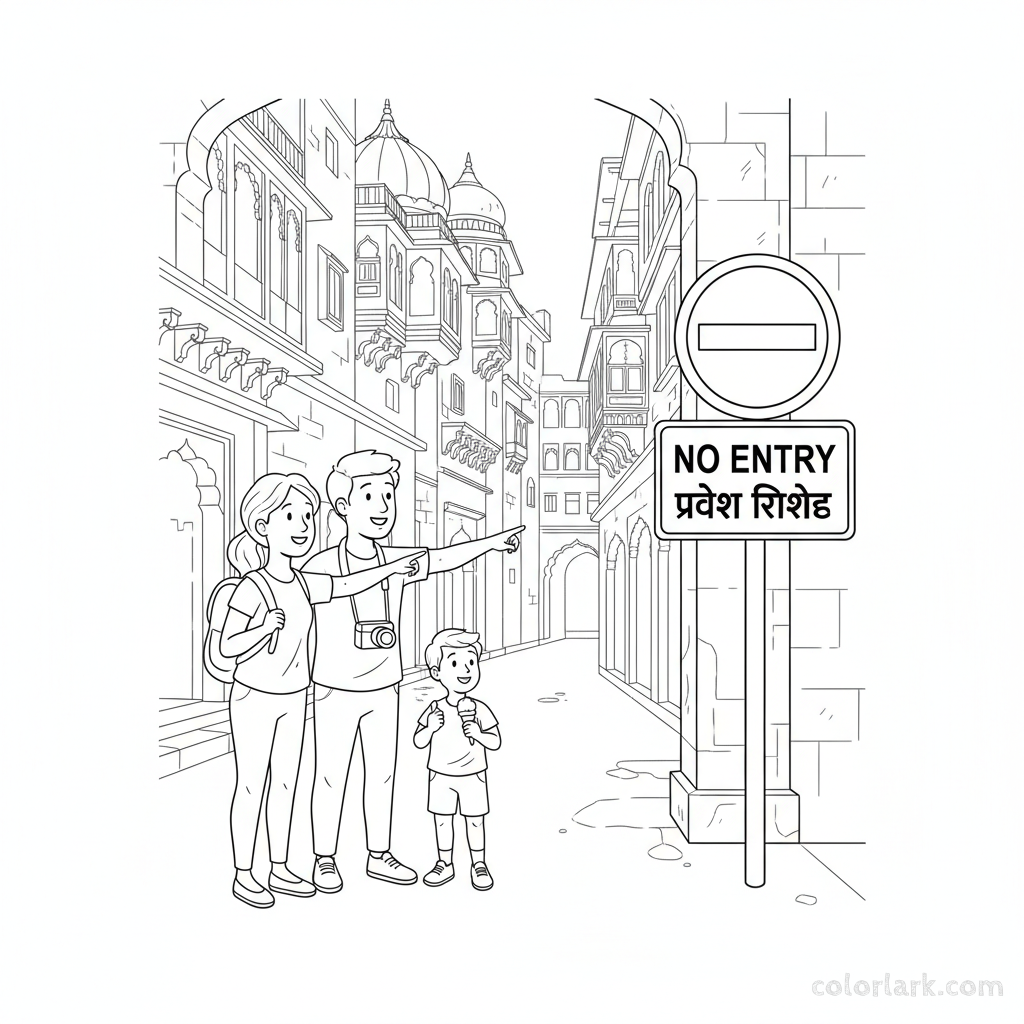 Black and white line art of tourists observing an Indian no entry sign in an old city lane.